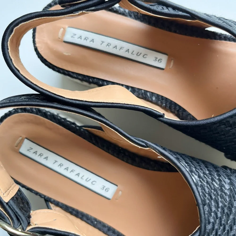 Zara Trafaluc Black Woven Cross Strap Slingback Platform Sandal Womens 36 / US 6